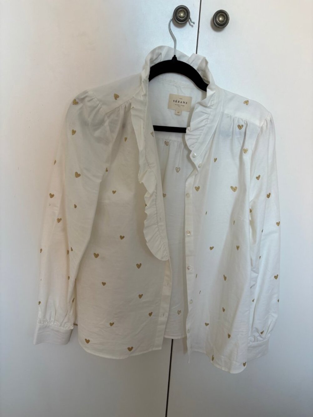 Sézane Chlo Shirt US 10 FR 42 Ecru Gold Hearts Embroidery Ruffle Blouse Like New